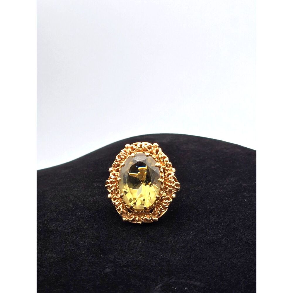 Vintage Brutalist 10K Yellow Gold Lemon Quartz Cocktail Ring Statement Piece